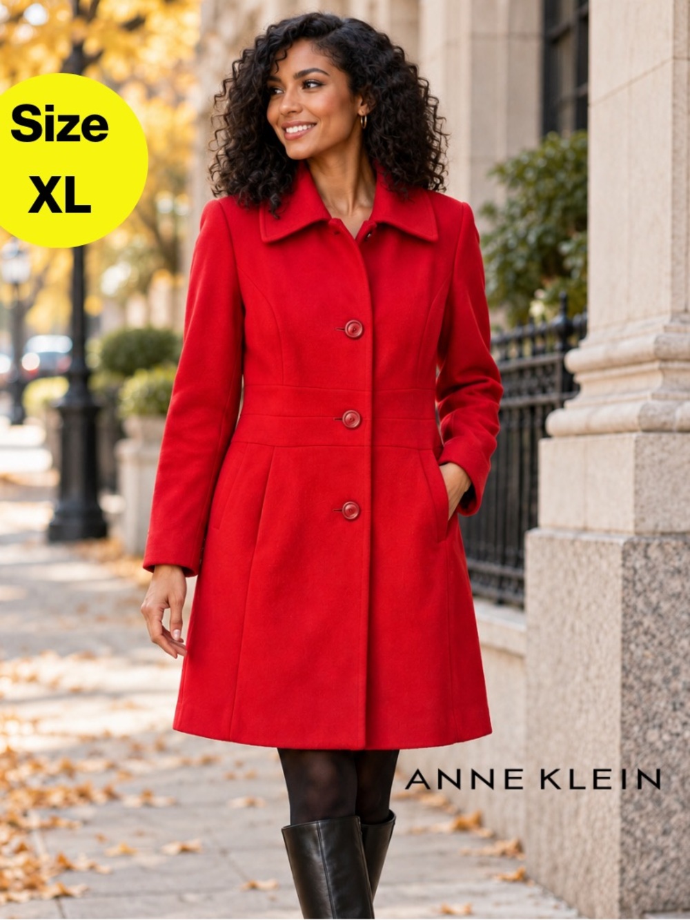 ANNE KLEIN ♥️ Vibrant Red Single-Breasted Wool Pea Coat (Women’s X-Large)